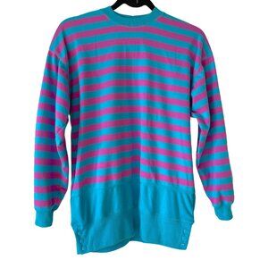 Vintage Striped Pullover Long Sleeve Shirt Snaps Blue Purple Small